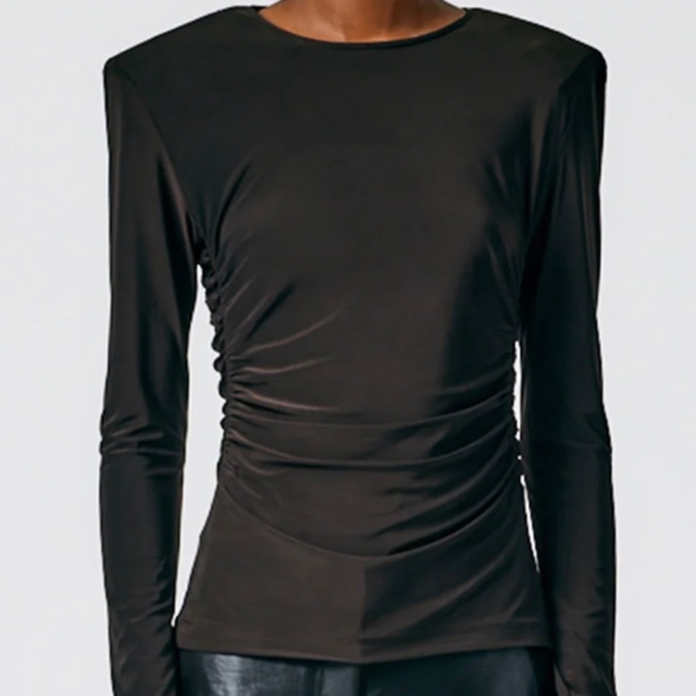 Tibi Micro Jersey Shoulderpad Fitted Crewneck Top Dark Brown M